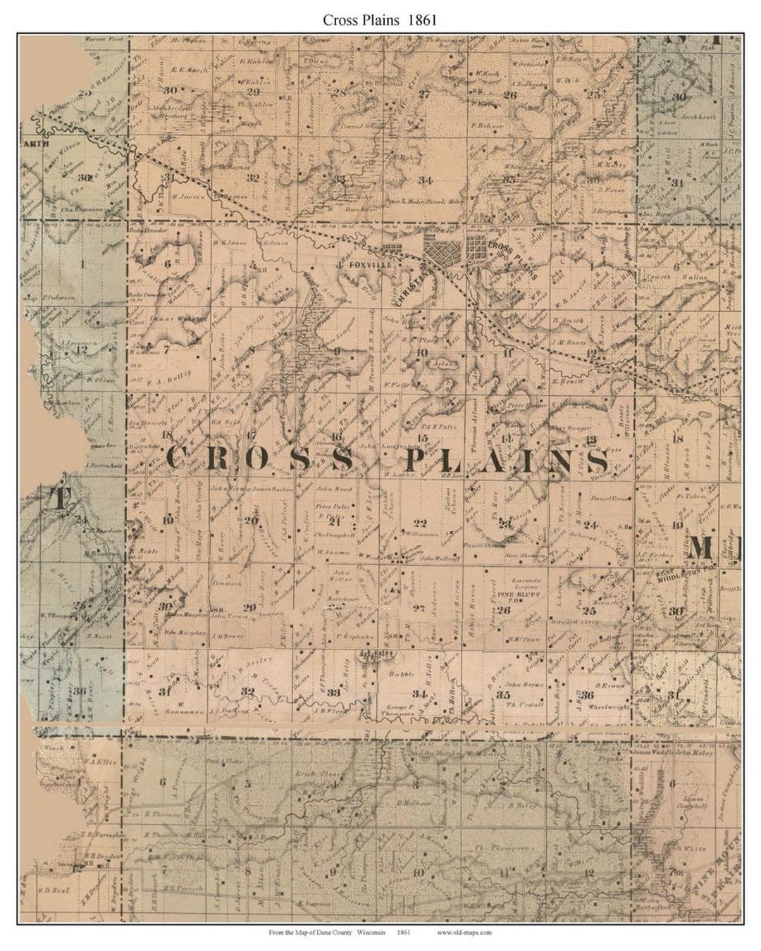 Cross Plains 1861 Old Town Map With Homeowner Names Wisconsin