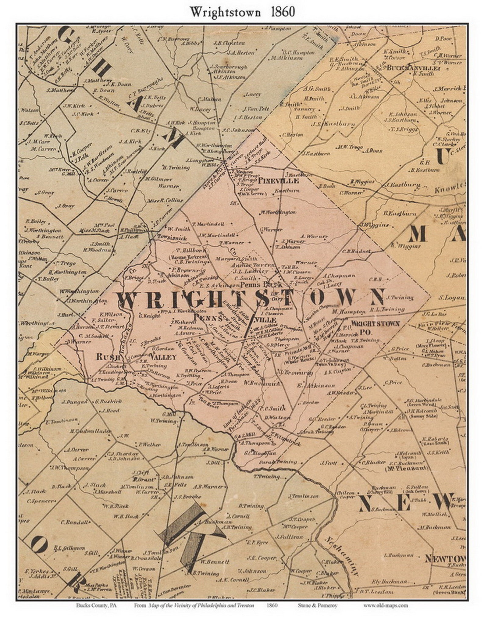 Wrightstown 1860 Old Town Map With Homeowner Names Pennsylvania Reprint
