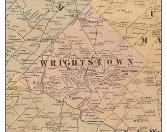 Wrightstown 1860 Old Town Map with Homeowner Names - Pennsylvania - Reprint Genealogy - Bucks County PA TM