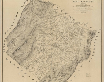 May include: A black and white map of Augusta County, Virginia. The map shows the county's roads, rivers, and towns. The map is titled "Map of Augusta County, Virginia" and includes the text "Prepared under the direction of Brevet Brig. Gen. F.V. Greene, Chief Eng. Dept. of Va. Published by authority of the CHIEF ENGINEER, U.S. ARMY, OFFICE of the CHIEF ENGINEER, NORTH ATLANTIC DIVISION, December 1864."