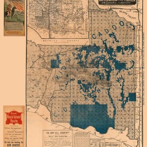 May include: A vintage map of the Wichita, Kiowa, Comanche, and Apache reservations in Oklahoma Territory. The map is printed on a cream-colored paper with blue lines and text. The map shows the boundaries of the reservations and the names of the tribes.