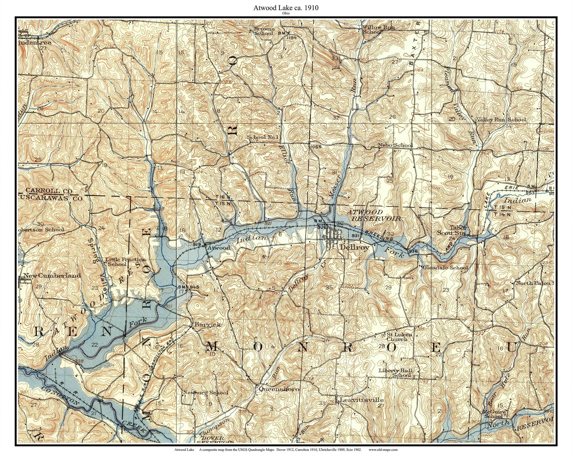 Atwood Lake 1910 Old Topographic Map USGS Reservoir Monroe Etsy