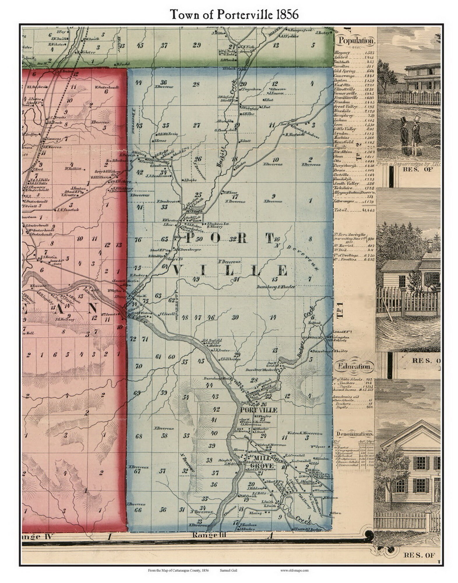 Porterville 1856 Old Town Map With Homeowner Names New York Reprint