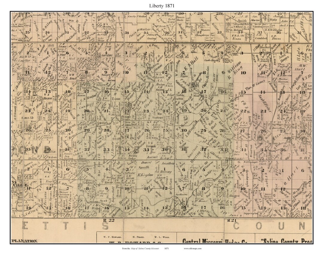 Liberty 1871 Old Town Map With Homeowner Names Missouri Saline County