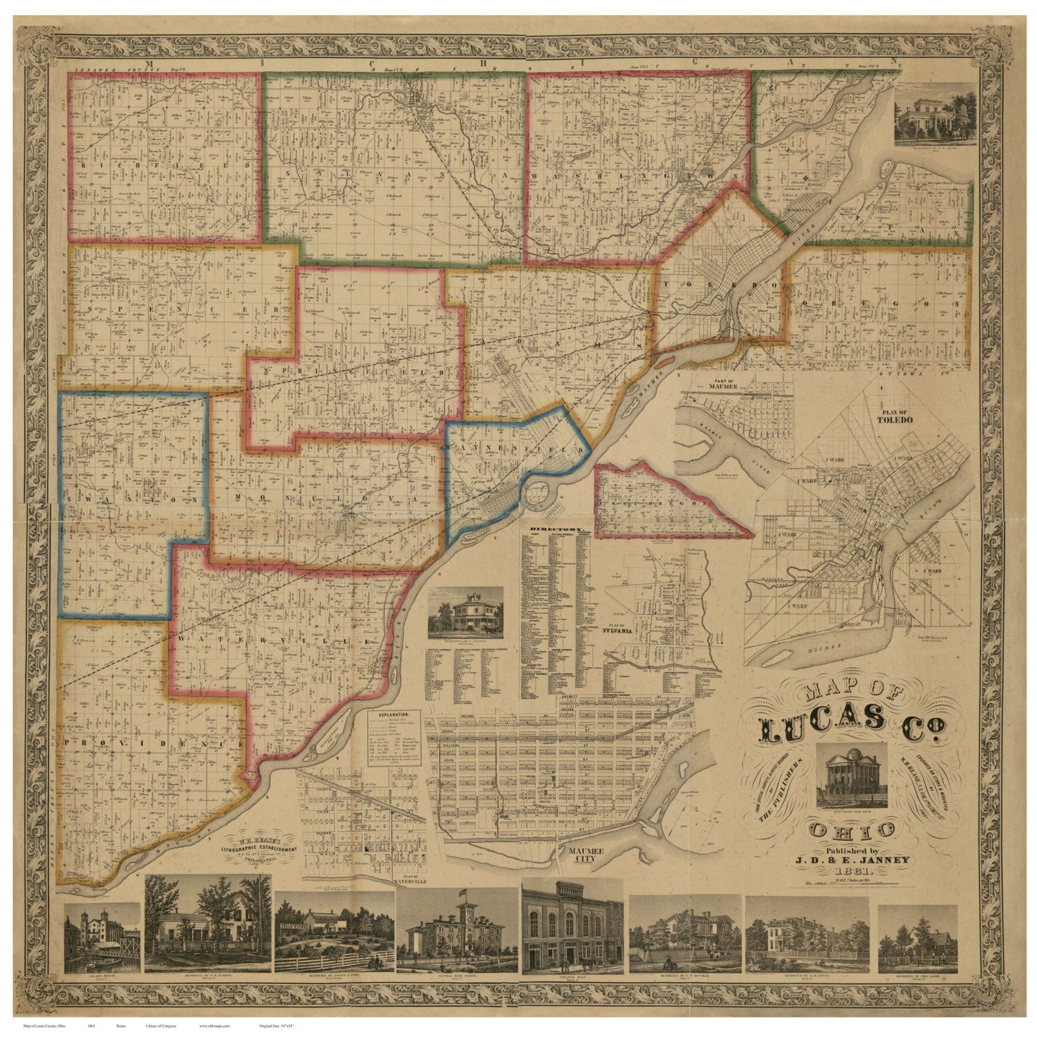 Lucas County Ohio 1861 Old Wall Map Reprint with Homeowner Etsy