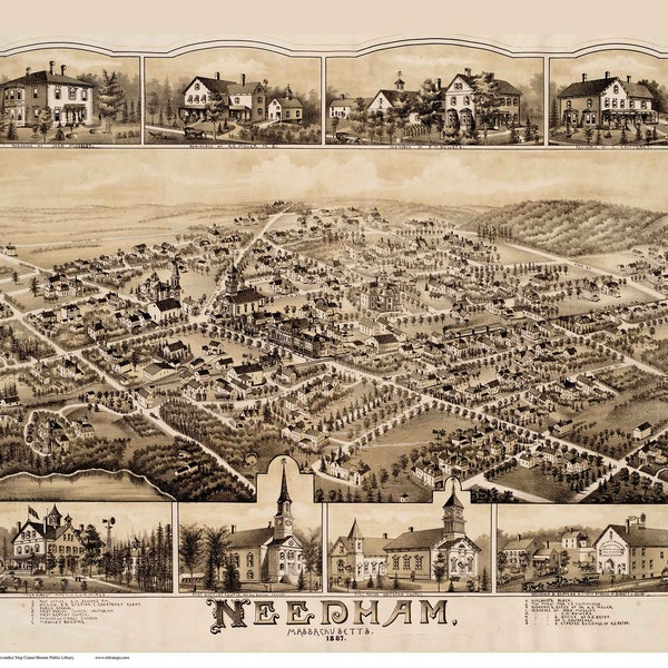 Needham Massachusetts 1887 Birds Eye View MA Reprint