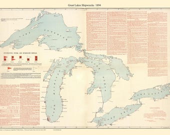 Great Lakes Shipwrecks Chart 1894 Nautical Map Reprint -"110 Wrecks" - USA Regional 07