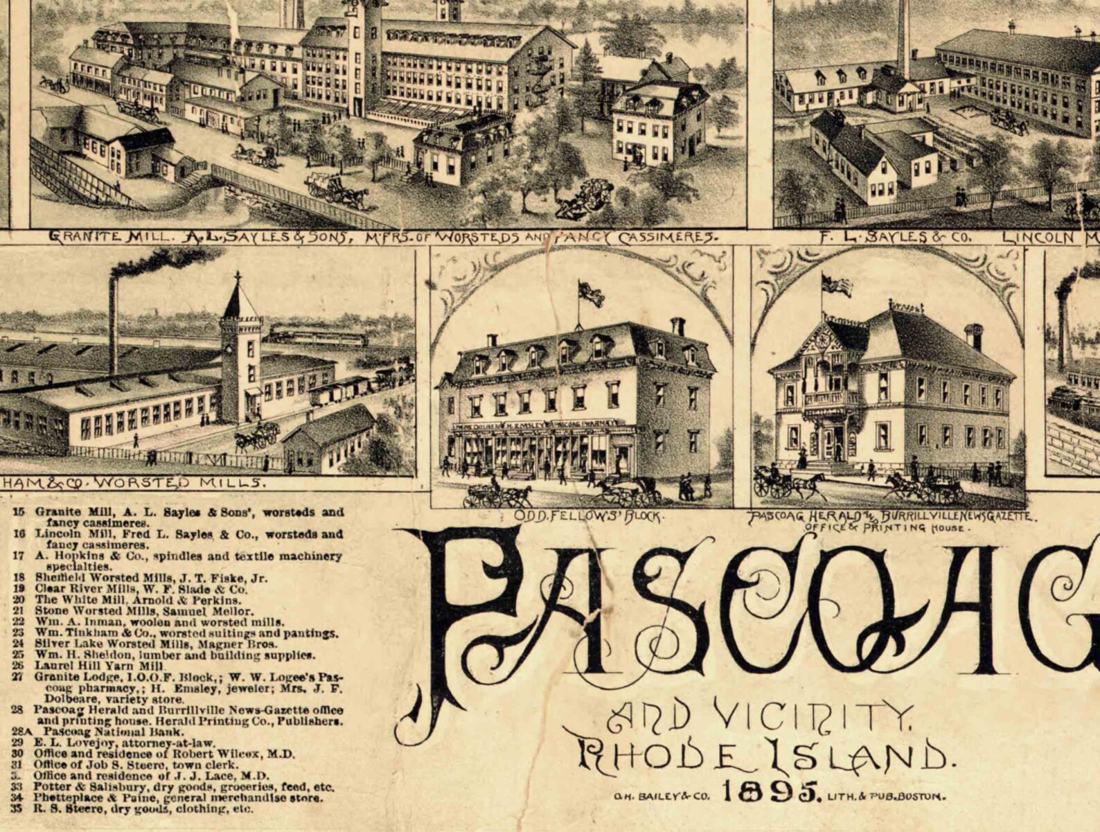 Pascoag Rhode Island 1895 Birds Eye View O.H. Bailey & Co. Etsy