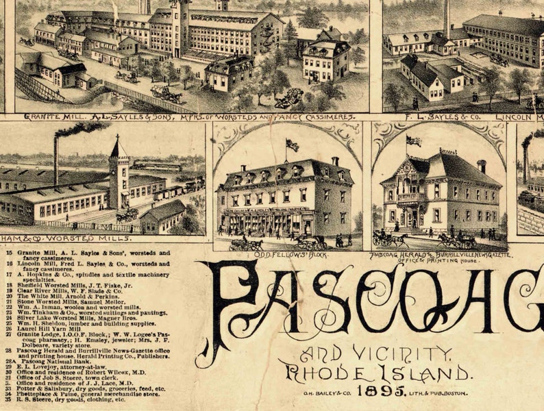Pascoag Rhode Island 1895 Birds Eye View O.H. Bailey & Co. Etsy