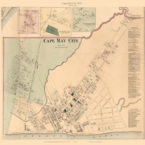 May include: Antique map of Cape May City, dated 1872, with detailed street layouts and geographical features. The map includes insets of Goshen, North Seaville, and Petersburg. The title "Cape May City" is prominently displayed.