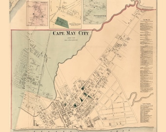 May include: Antique map of Cape May City, dated 1872, with detailed street layouts and geographical features. The map includes insets of Goshen, North Seaville, and Petersburg. The title "Cape May City" is prominently displayed.
