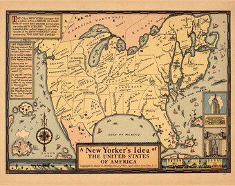 A New Yorker's Idea of the United States 1939 - Humorous Wall Map Reprint - Novelty Not Literary