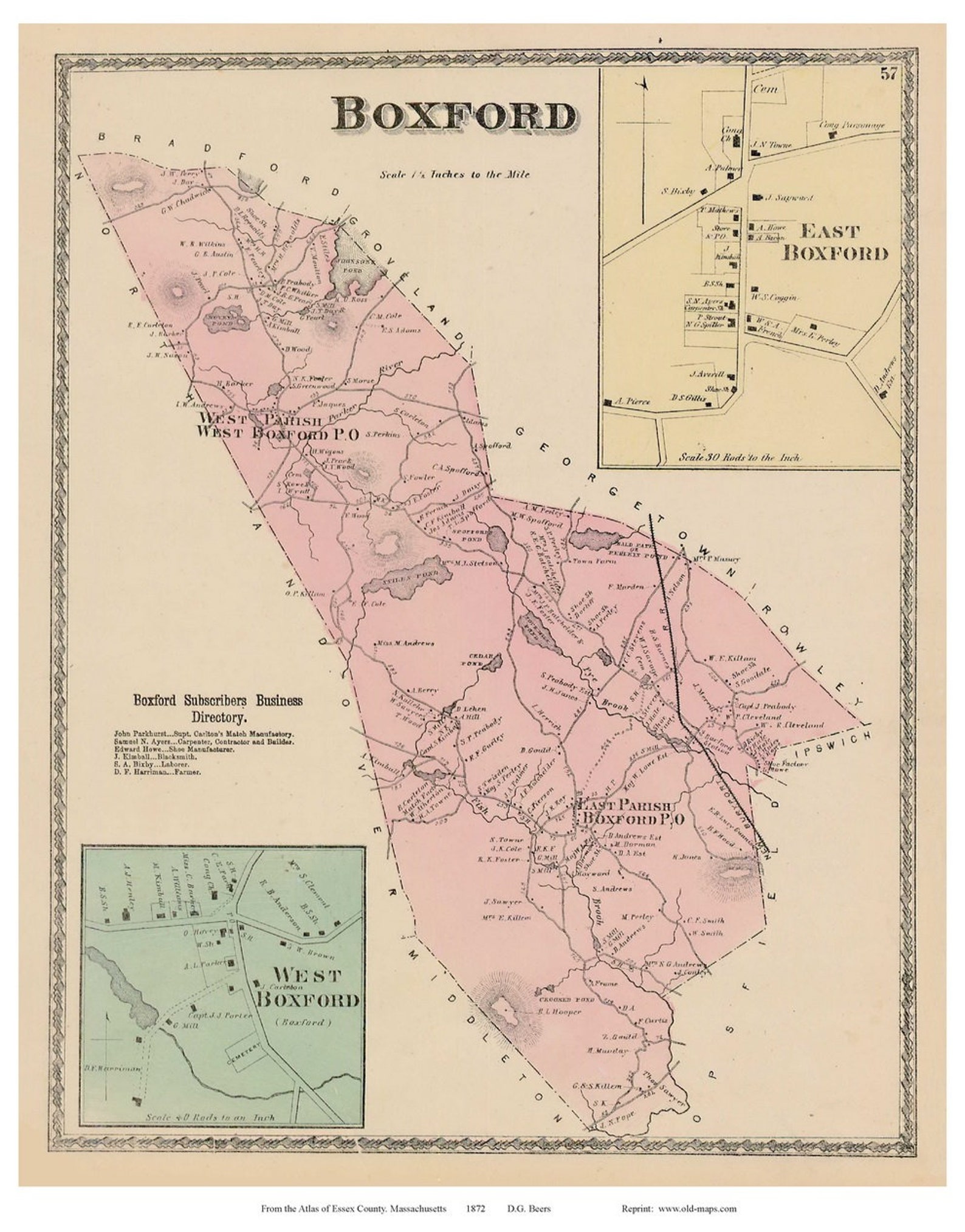 Boxford 1872 Old Town Map Reprint East & West Boxford, Essex County