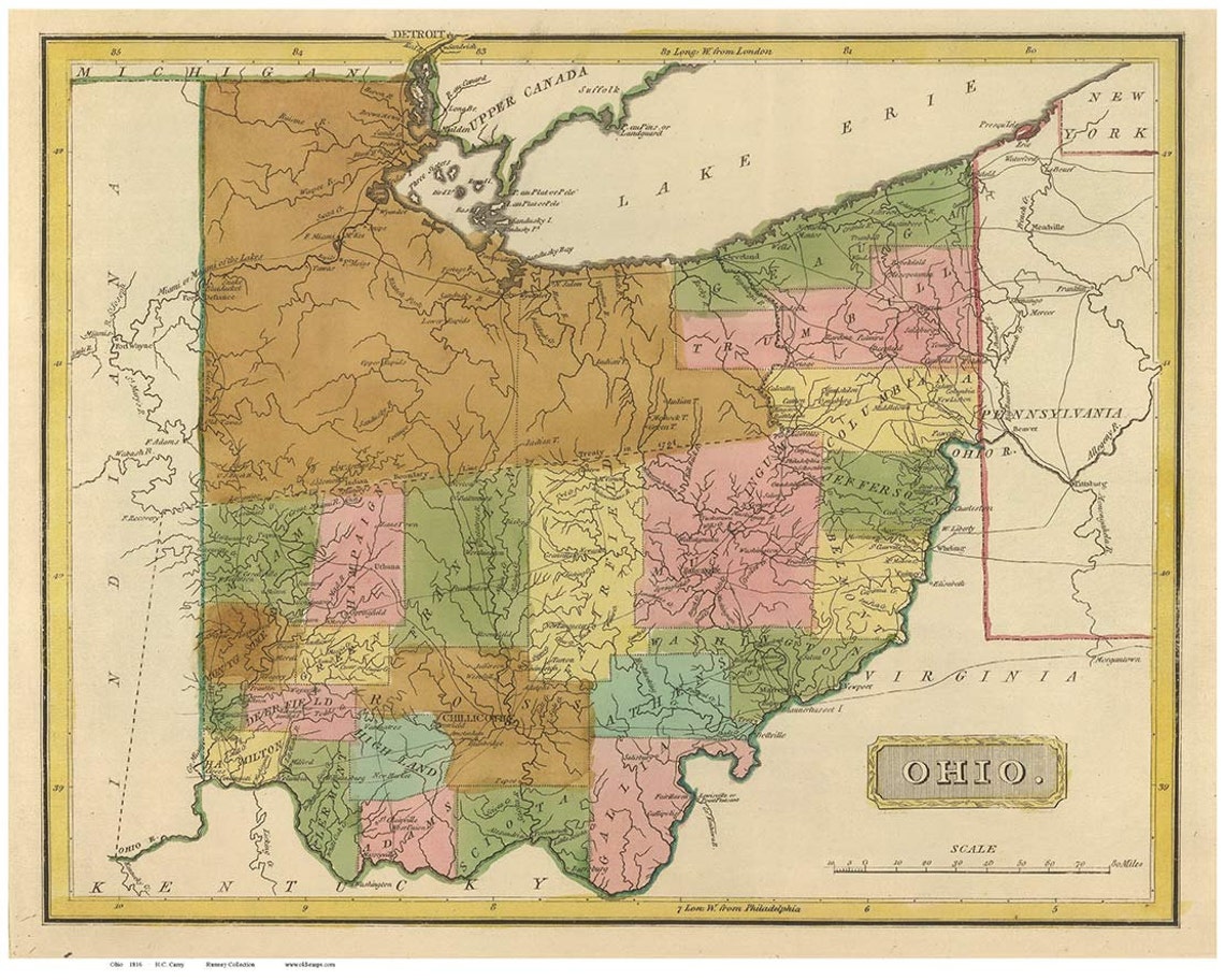 Ohio 1816 State Map with Early Roads Carey Reprint Etsy