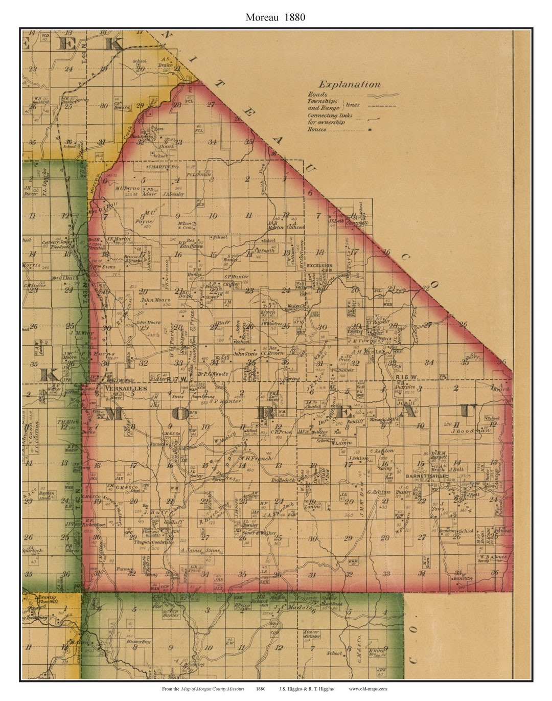 Moreau 1880 Old Town Map With Homeowner Names Versailles Missouri