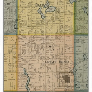 May include: A vintage map of Great Bend, Kansas, from 1898. The map shows the town's layout, including roads, buildings, and property lines. The map is printed in a variety of colors, including blue, green, yellow, and red. The map is titled "Great Bend 1898" and includes the text "From the Map of Comanche County, Kansas, 1898. M.R. Haynes, www.oldmaps.com."