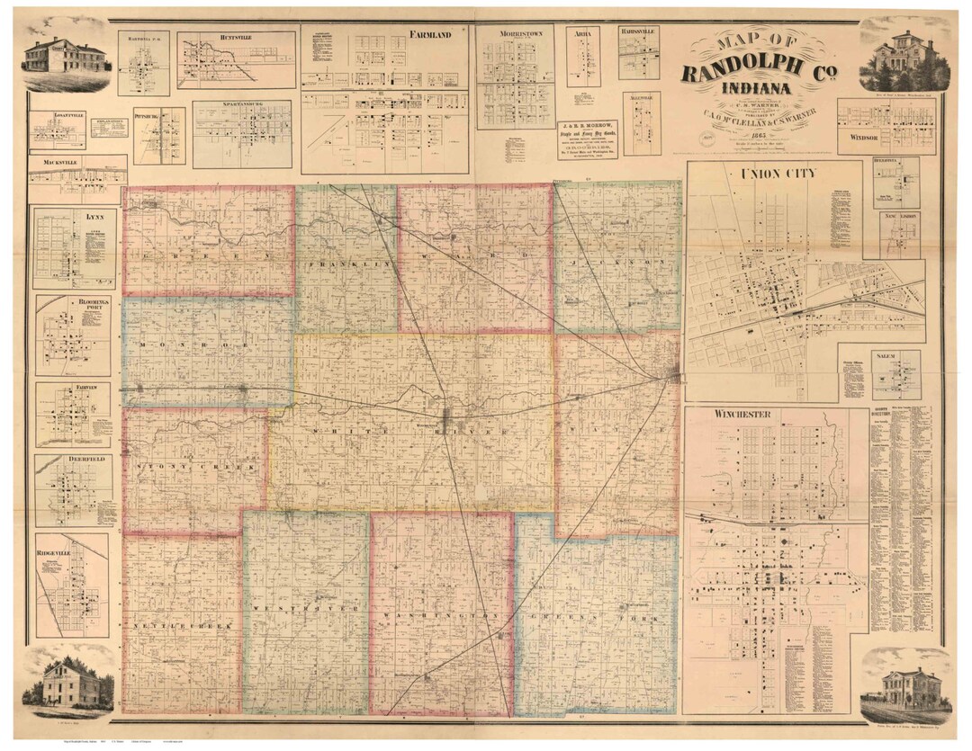 Randolph County Indiana 1865 Old Wall Map Reprint With Homeowner Names