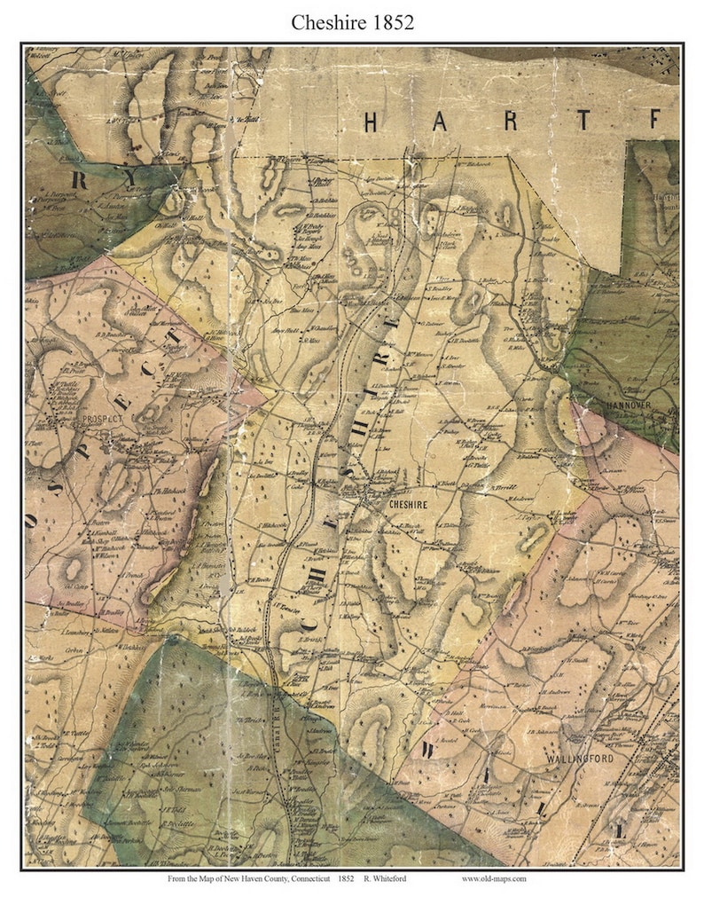 Cheshire 1852 Old Town Map With Homeowner Names Connecticut - Etsy