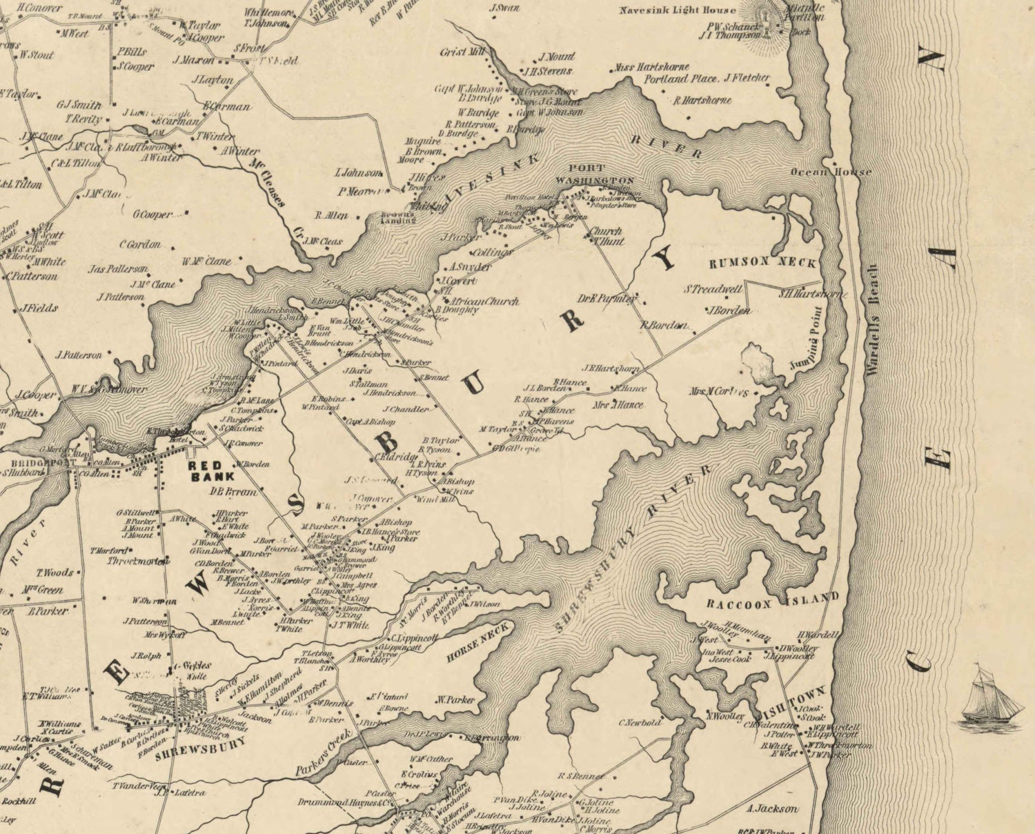 Monmouth County New Jersey 1851 Old Wall Map Reprint with Etsy