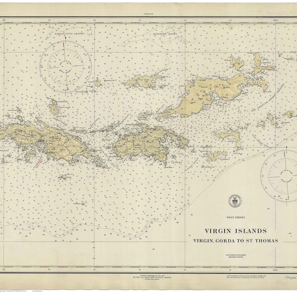 Virgin Gorda to St Thomas 1921 - Nautical Map Virgin Islands Reprint - AC Harbors Custom 905