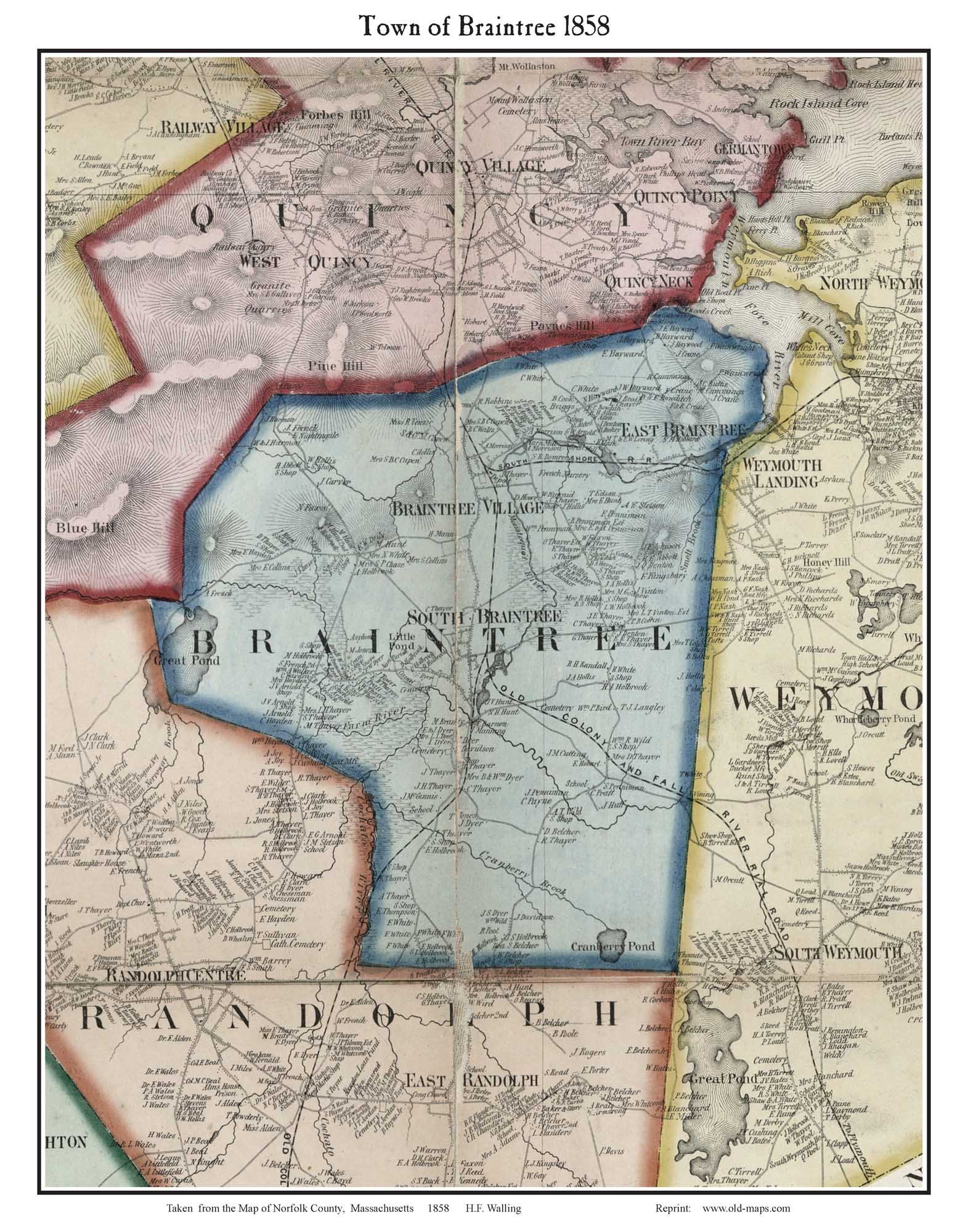 Map Of Braintree Ma Braintree Massachusetts 1858 Old Town Map With Homeowner - Etsy Singapore