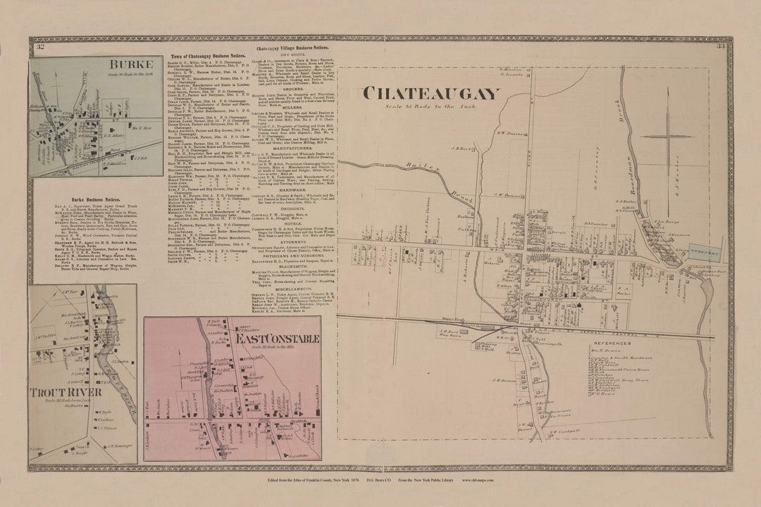 Chateaugay Village 1876 Old Town Map Reprint Burke, Trout River, East