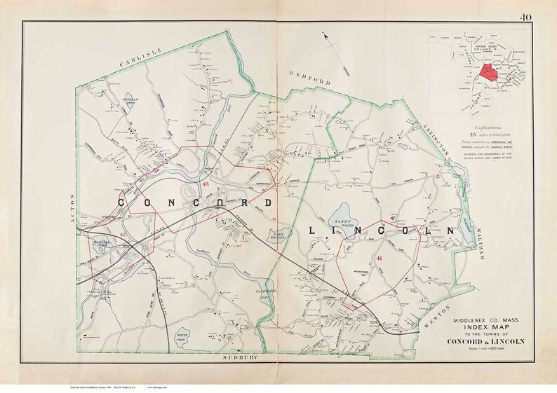 Concord and Lincoln 1906 Old Town Map with Homeowner Names Massachusetts Middlesex County Atlas V2