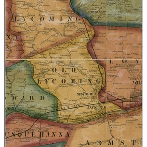 May include: An antique map of Lycoming County, Pennsylvania, from 1861. The map is hand-drawn and features a detailed outline of the county's townships and waterways. The map is colored in shades of brown, green, yellow, and red, with text labels throughout.