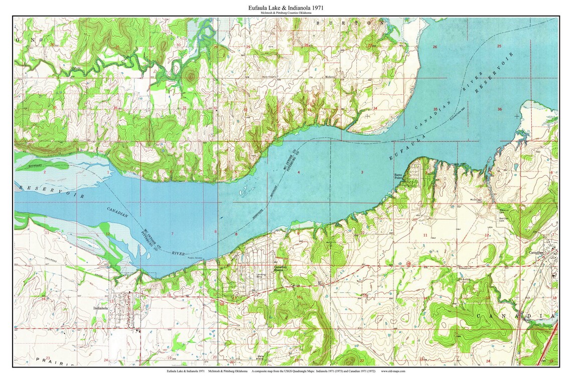 Eufaula Lake 1971 Old Topographic Map USGS Indianola Custom Etsy
