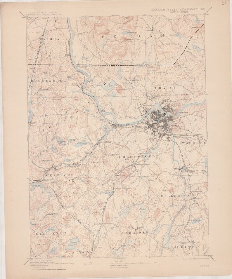 Lowell MA 1893 1908 Original USGS Topographic Map 100 Years Etsy