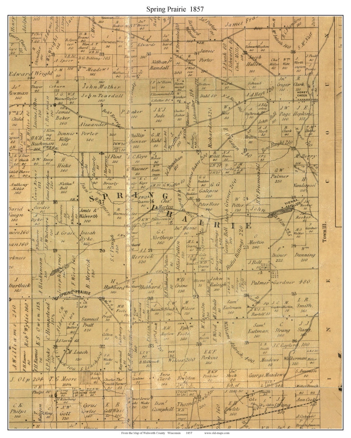 Spring Prairie 1857 Old Town Map With Homeowner Names Wisconsin ...