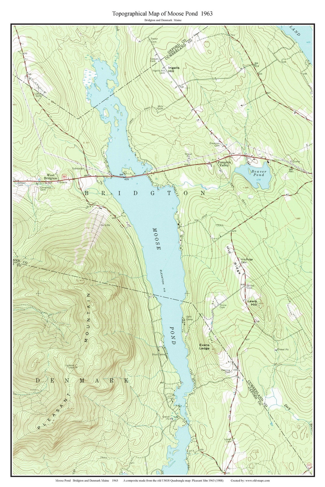 Moose Pond 1963 Old Map USGS Bridgton Denmark Custom Composite Print