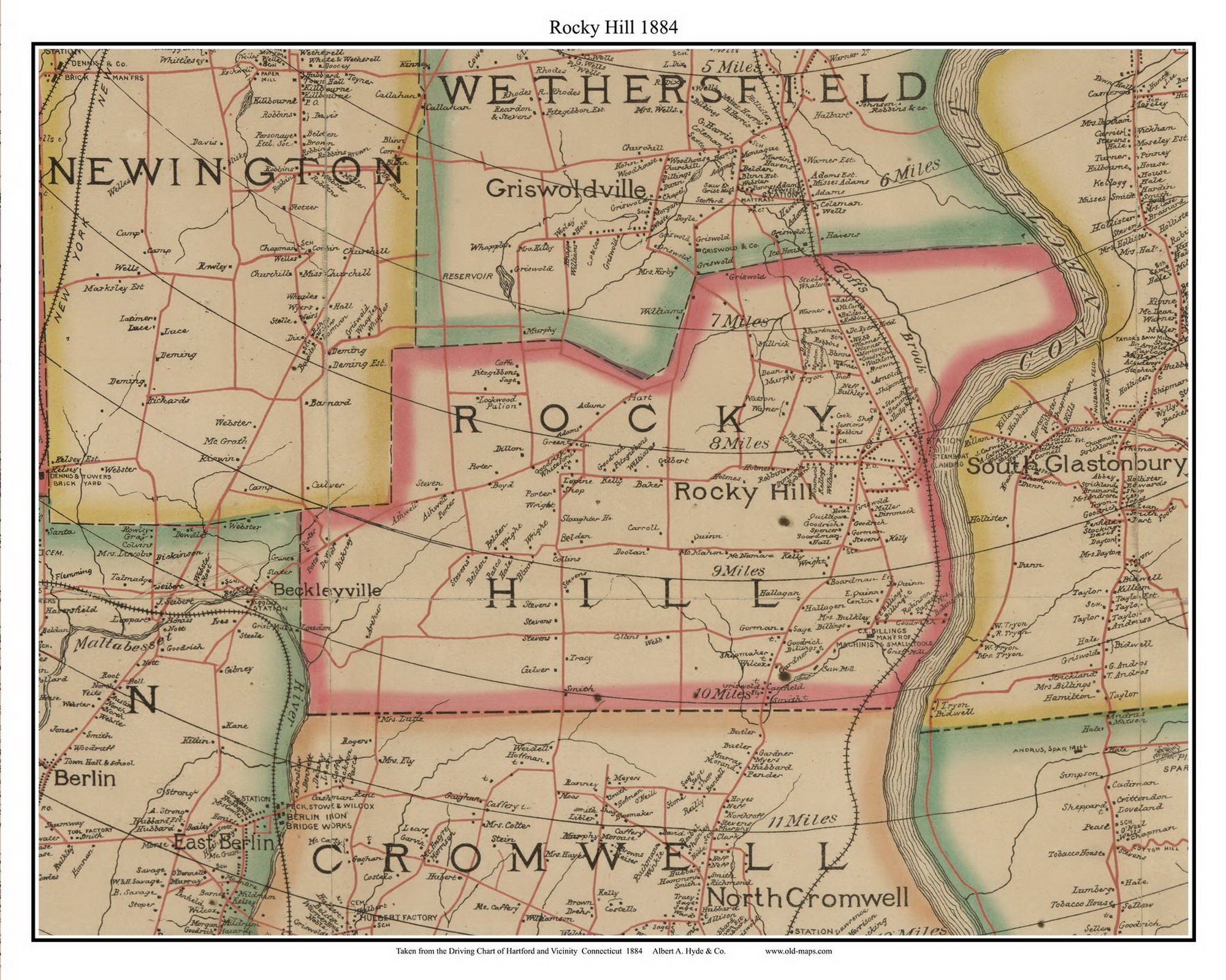 洋書古書地図1909年 Rocky Hill 1884 Old Town Map With Homeowner Names Connecticut