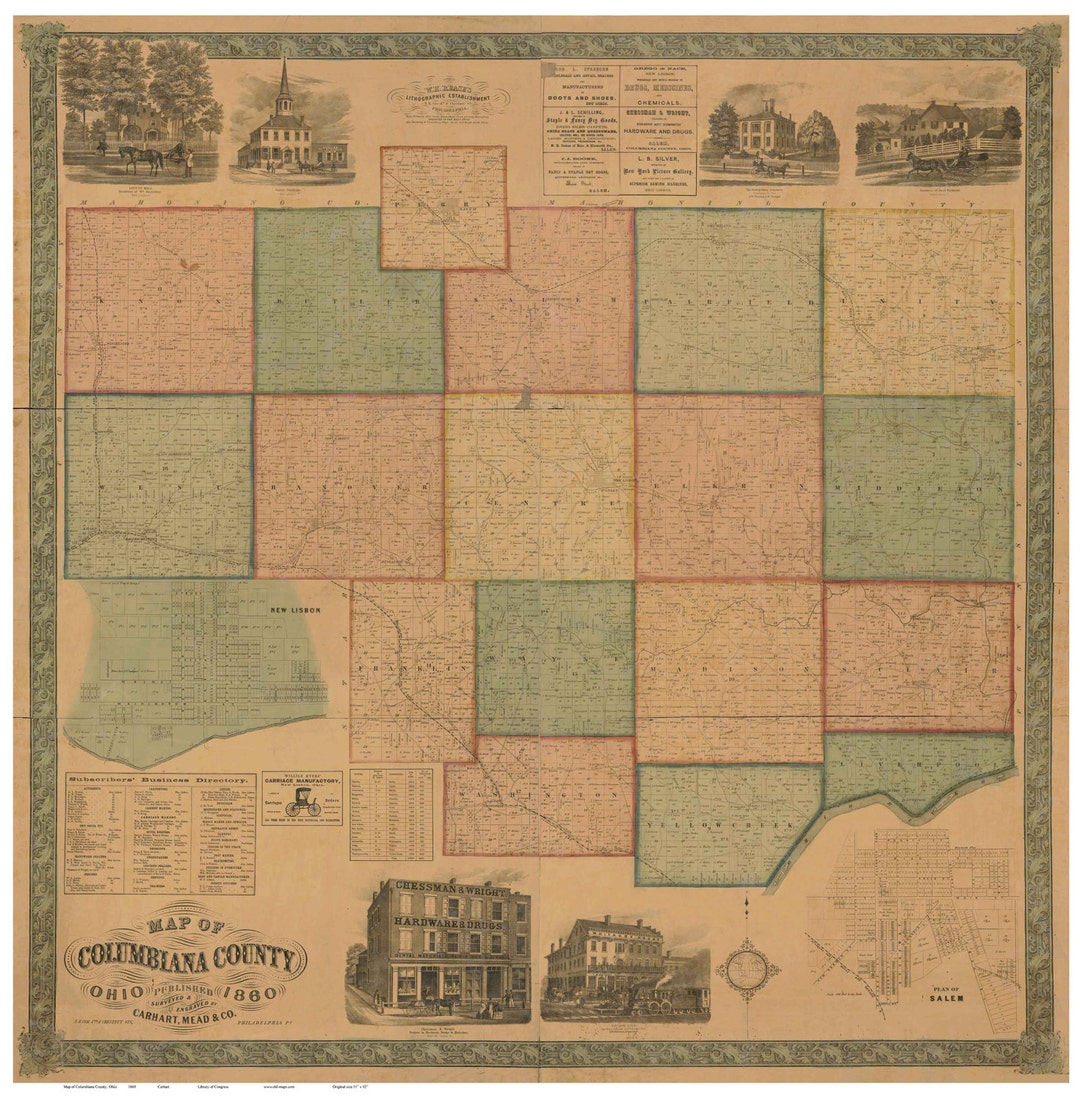 Columbiana County Ohio 1860 Old Wall Map Reprint With Homeowner Names