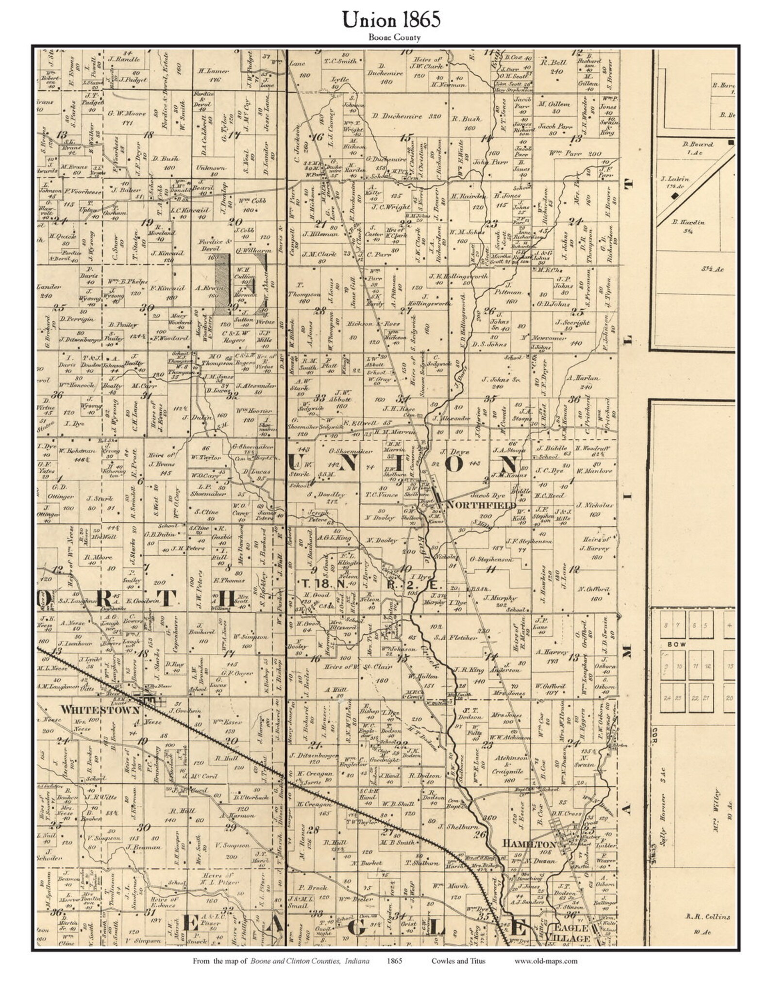Union 1865 Old Town Map With Homeowner Names Indiana Northfield ...