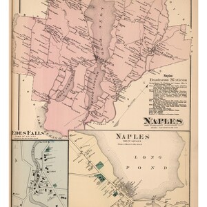 May include: A vintage map of Naples, New York, with a pink background and black lines. The map shows the town's streets, roads, and bodies of water, including Long Pond and Edes Falls. The map also includes a key with business notices and a scale.
