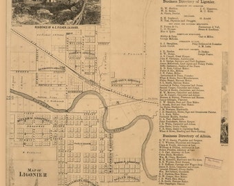 Ligonier Village 1860 Old Town Map with Homeowner Names - Reprint Genealogy Noble County IN TM