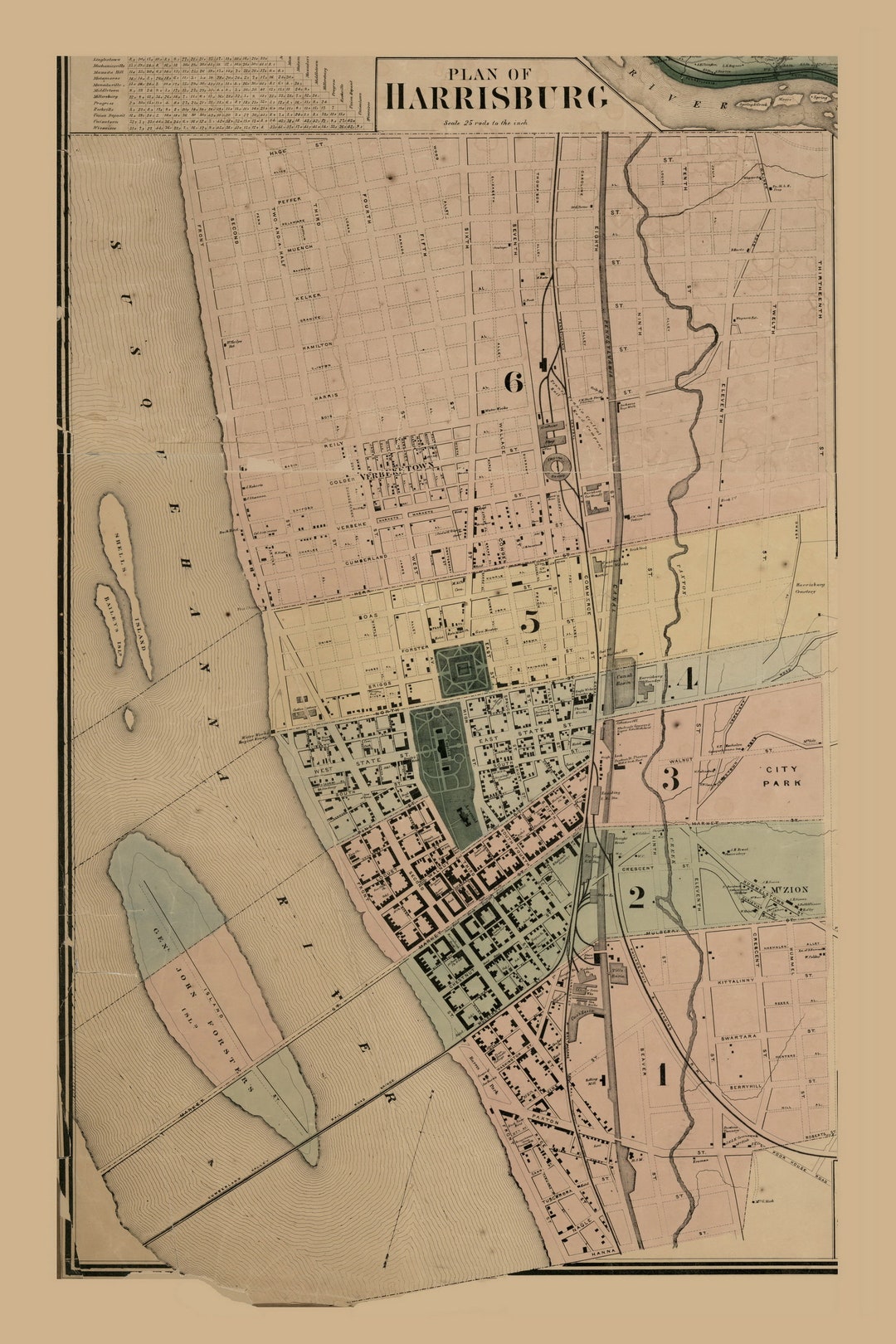 Harrisburg 1862 Old Town Map With Homeowner Names Pennsylvania Reprint