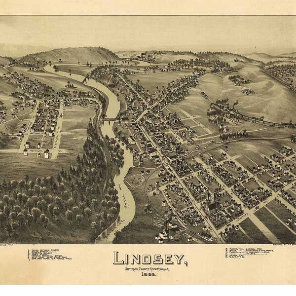Lindsey Pennsylvania now Punxsutawney - 1895 - Birds Eye View Reprint