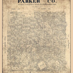 May include: An antique map of Parker County, Texas, from September 1889. The map shows the county's boundaries, roads, and towns. The map is printed on a beige background with black text and lines.