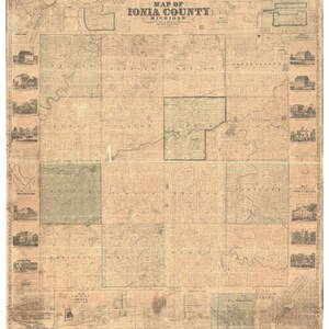 Ionia County Michigan  1861 - Old Wall Map Reprint with Homeowner Names Farm Lines Genealogy