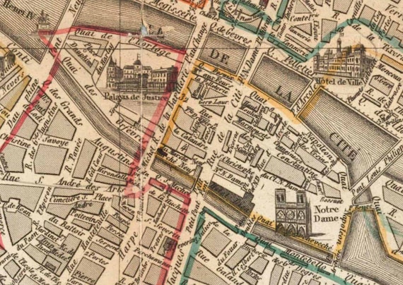 Old Map of Paris 1845 France - Tourist Guide -- Street Index