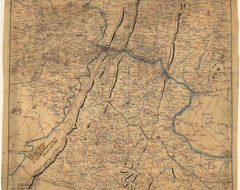 May include: An antique map of Loudoun County, Virginia, from 1863. The map is printed on aged paper and features a detailed network of roads, rivers, and towns. The map is titled "Map of Loudoun County, 1863" and includes the names of various locations, including Leesburg, Purcellville, and Middleburg.