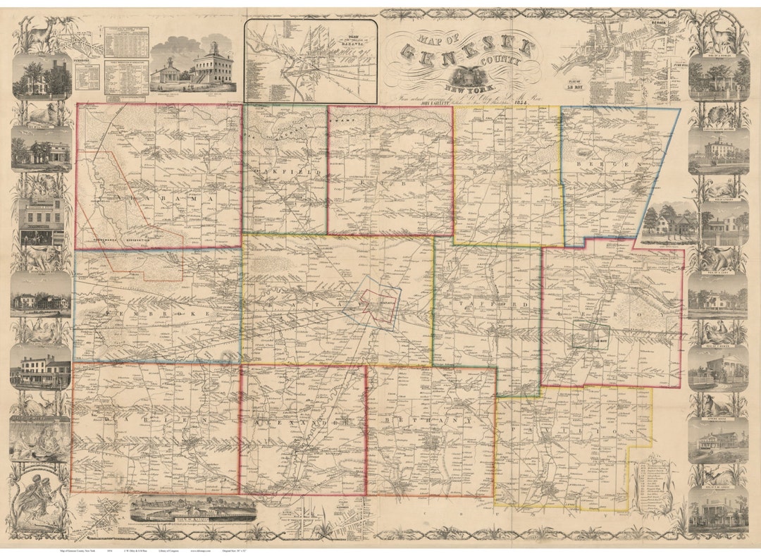 Genesee County New York 1854 Old Wall Map Reprint With Homeowner Names