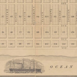 May include: A black and white map of a city with numbered lots. The map shows street names like Andrews, Burke, Davis, Montgomery, Baker, Roberts, Youngs, Spencer, and the street names are followed by the word "Ave." The map also shows the word "Ocean" at the bottom.