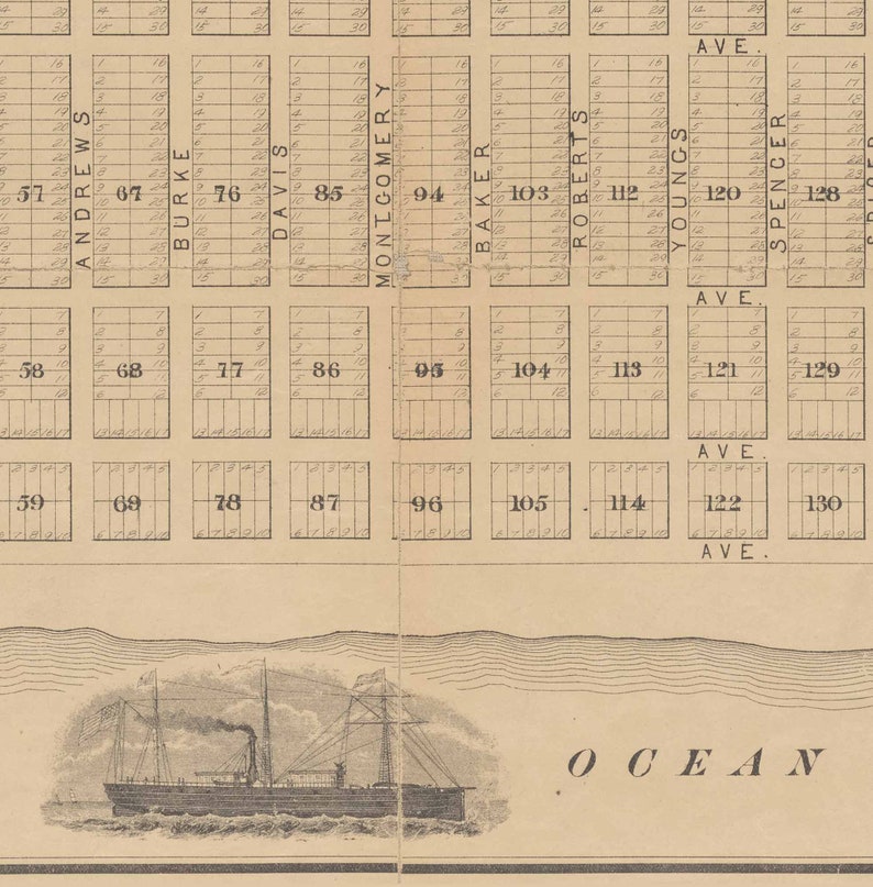 May include: A black and white map of a city with numbered lots. The map shows street names like Andrews, Burke, Davis, Montgomery, Baker, Roberts, Youngs, Spencer, and the street names are followed by the word "Ave." The map also shows the word "Ocean" at the bottom.