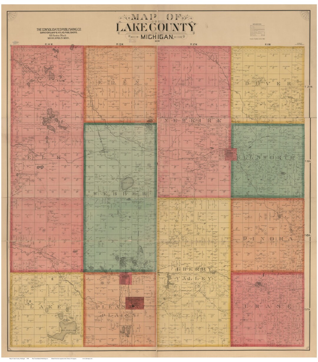 Lake County Michigan 1900 Wall Map Reprint With Landowner Names Farm