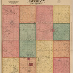 Lake County  Michigan 1900  - Wall Map Reprint with Landowner Names Farm Lines Genealogy
