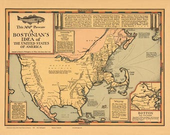 A Bostonian's Idea of the United States 1930 - Humorous Wall Map Reprint - Novelty Not Literary
