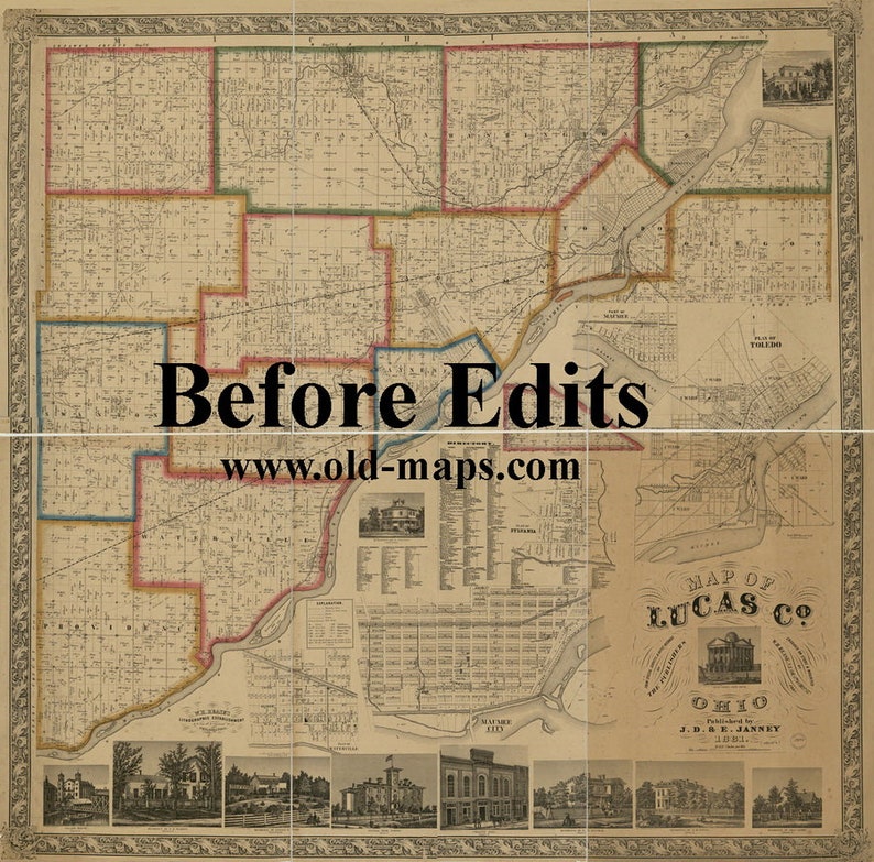 Lucas County Ohio 1861 Old Wall Map Reprint With Homeowner Etsy